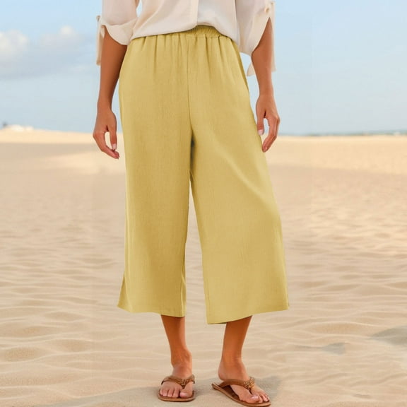 Ndbuld Women's Cargo Capris Pants Fashion Womens Casual Solid Color Loose Pants Capris with Pocket Early Access DealsYellowS