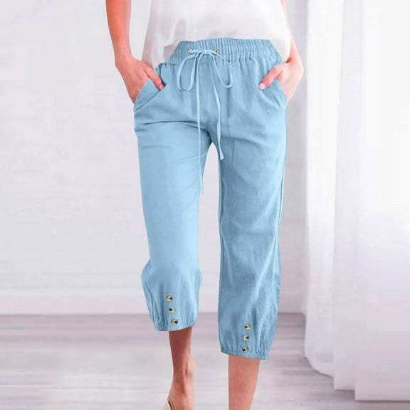 Ndbuld Women's Cargo Capris Pants Womens Casual Color Elastic Loose Pants Straight Wide Leg Trousers with Pocket on ClearanceLight Blue3XL