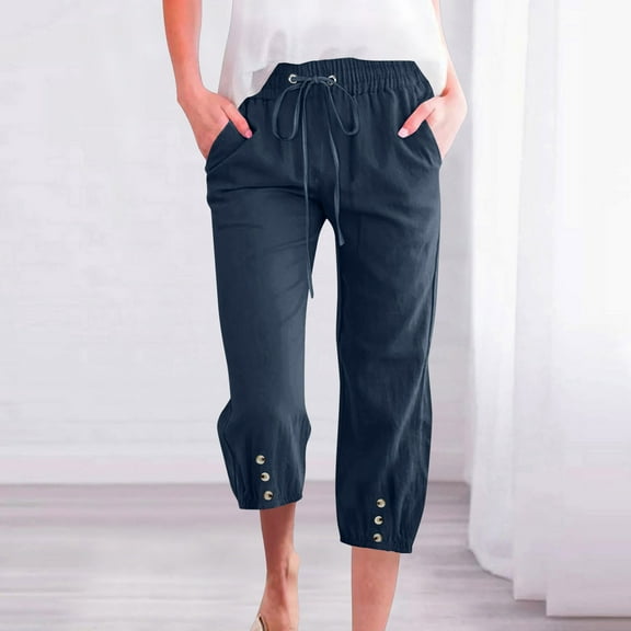 Ndbuld Women's Cargo Capris Pants Womens Casual Color Elastic Loose Pants Straight Wide Leg Trousers with PocketNavy2XL