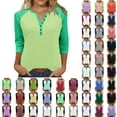 thumbnail image 1 of Womens Tops Ndbuld Women's Casual 3/4 Sleeve T Shirts Button V Neck Tunic Blouses Color Block Basic Tee Tops Loose Fit Summer Shirt Green XL, 1 of 9