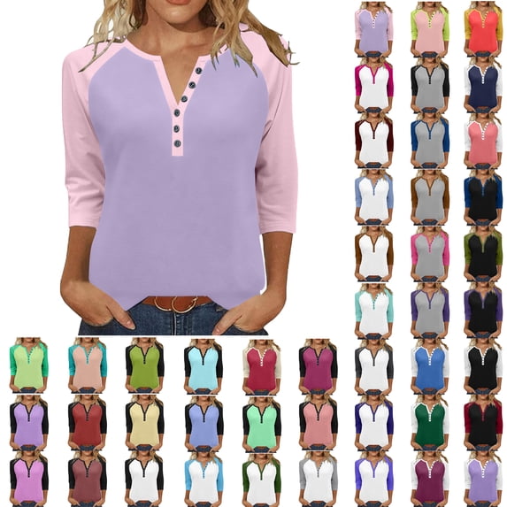 Ndbuld Tops for Women Dressy Crewneck Long Sleeve Shirts Button V Neck Tunic Blouses Color Block Basic Tee Tops Loose Fit Summer Shirt Purple 2XL