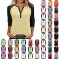 thumbnail image 1 of Ndbuld Women's Casual 3/4 Sleeve T Shirts Button V Neck Tunic Blouses Color Block Basic Tee Tops Loose Fit Summer Shirt Yellow 3XL, 1 of 9