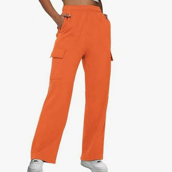 Ndbuld Women's Casual Cargo Jogger Pants Winter Overalls Fashion Comfortable Casual Multi-pocket Sports Pants New High-waisted Straight Leg Wide Loose Pants on Clearance,L,Orange