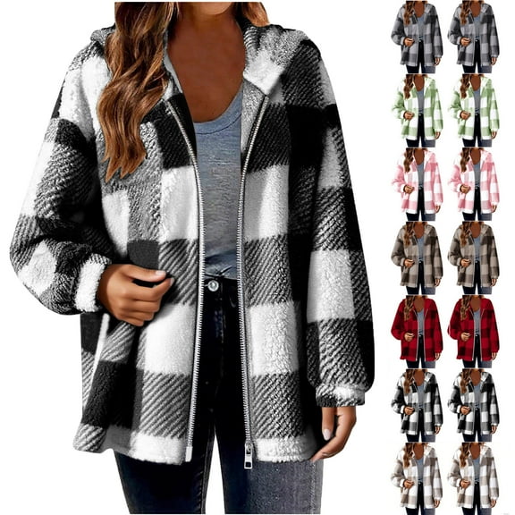 Ndbuld Women's Flannel Plaid Shacket Long Sleeve Button Down Shirts Jacket Coats with Side Pockets,Black,5XL