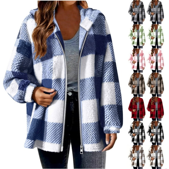 Ndbuld Women's Flannel Plaid Shacket Long Sleeve Button Down Shirts Jacket Coats with Side Pockets,Blue,L