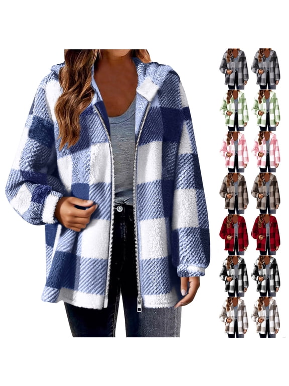 Women's Flannel Plaid Shacket Long Sleeve Button Down Shirts Jacket Coats with Side Pockets,Blue,L