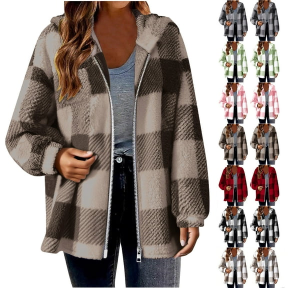 Ndbuld Women's Flannel Plaid Shacket Long Sleeve Button Down Shirts Jacket Coats with Side Pockets,Coffee,5XL