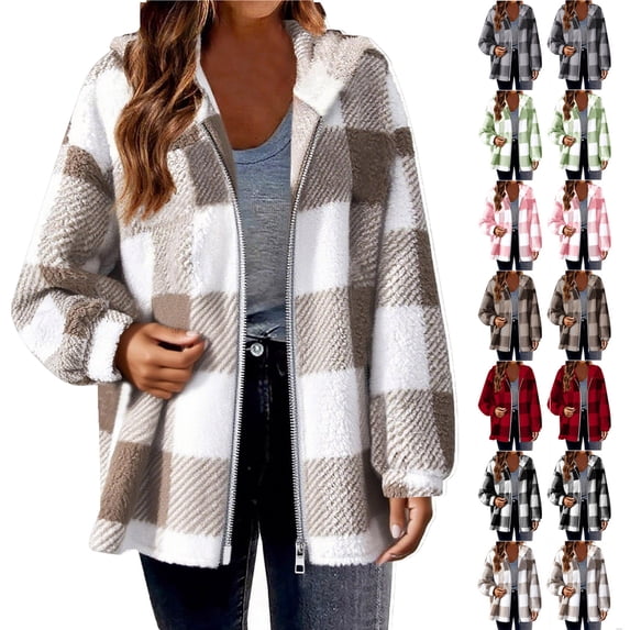 Ndbuld Women's Flannel Plaid Shacket Long Sleeve Button Down Shirts Jacket Coats with Side Pockets,Khaki,4XL