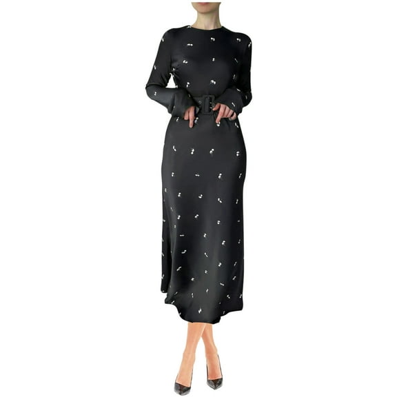 Ndbuld Women's Floral Vintage Dress Plus Size Women's High-end Satin Long Sleeved Loose Fitting Dress Elegant Temperament Women's Evening Dress ,Black,2XL