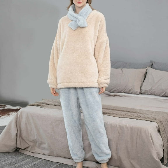 Ndbuld Women' s Fluffy Pajamas Set Woman Solid Color Fashion Leisure Lapel Pullover Home Dress Pajama Set,Blue,2XL