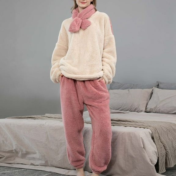 Ndbuld Women' s Fluffy Pajamas Set Woman Solid Color Fashion Leisure Lapel Pullover Home Dress Pajama Set,Pink,2XL