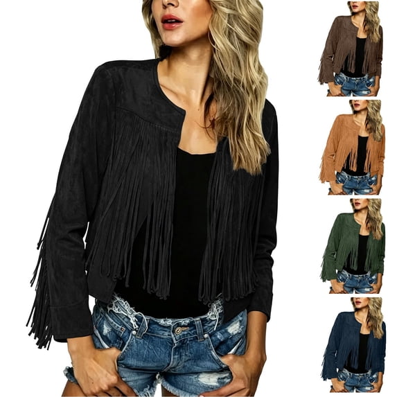 Ndbuld Women's Fringe Jacket, Cropped Suede Coat with Tassels for Boho Western Style XL