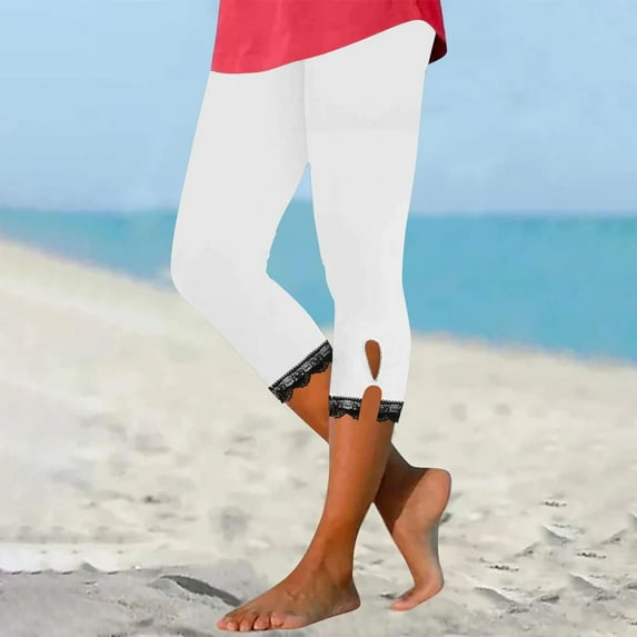 Ndbuld Women's High Waisted Yoga Capris with Pockets Women Fashion Casual Solid Color Summer Pants Shorts Lace Split Yoga Pants Shorts WhiteXL