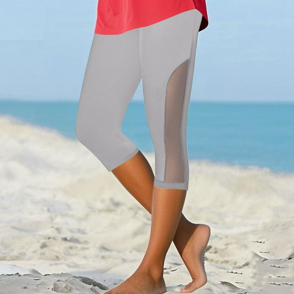 Ndbuld Women's High Waisted Yoga Capris Women's Summer High Waisted Solid Color Capris Mesh Splicing Slim Fitting Yoga Gym Pants Summer Clearance Gray M