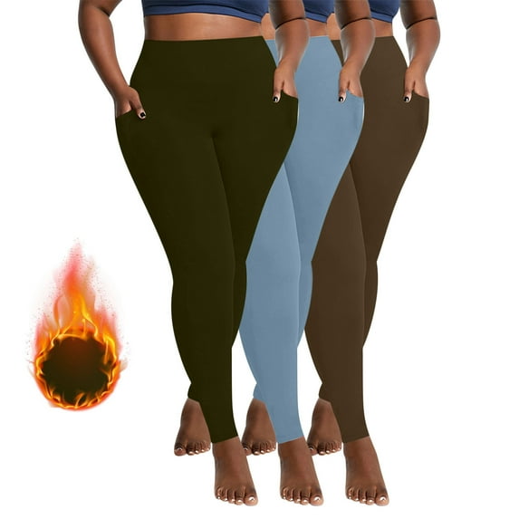 Ndbuld Women's High Waisted Yoga Pants 3PC Women Velvet Warm Winter Large Pocket Quick Drying Tight Elastic Comfortable Fitness Pants Yoga Pants