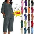 thumbnail image 1 of Ndbuld Women's Linen Shorts Sets 2 Piece Summer Short Sleeve Top and Shorts Sweatsuit Set Vacation Beach Outfits Gray XL, 1 of 5