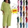 thumbnail image 1 of Ndbuld Women's Linen Shorts Sets 2 Piece Summer Short Sleeve Top and Shorts Sweatsuit Set Vacation Beach Outfits Green 2XL, 1 of 5