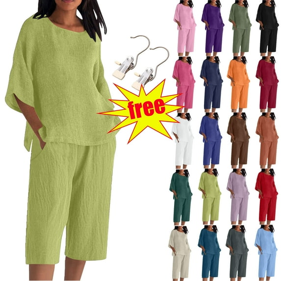 Ndbuld Women's Linen Shorts Sets 2 Piece Summer Short Sleeve Top and Shorts Sweatsuit Set Vacation Beach Outfits Green 4XL
