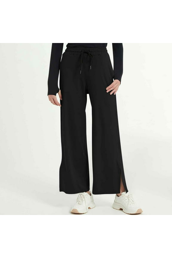 Women's Loose Pants High Waisted Casual Pants Fashionable Women's Casual Solid Color Sports Pants with Split Legs Black L