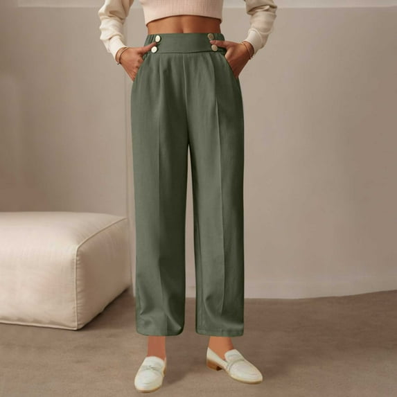 Ndbuld Women's Loose Pants High Waisted Casual Pants Women Solid Color High Waisted Elastic Waist Work Casual Pants Savings Up to 30% off Green L