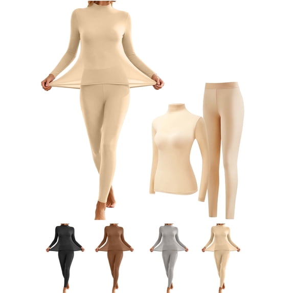 Ndbuld Women's Mock Neck Seamless Thermal Underwear Set, 2‑Piece Solid Color 4‑Way Stretch Winter Warm Base Layer Top & Leggings