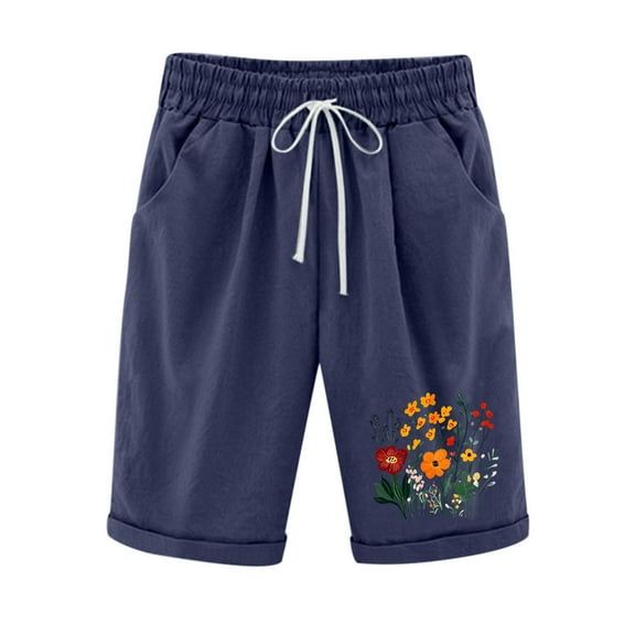 Ndbuld Women's Pants Pants for Women Women Printed Elastic Waist Drawstring with Casual Pockets Shorts Navy XL