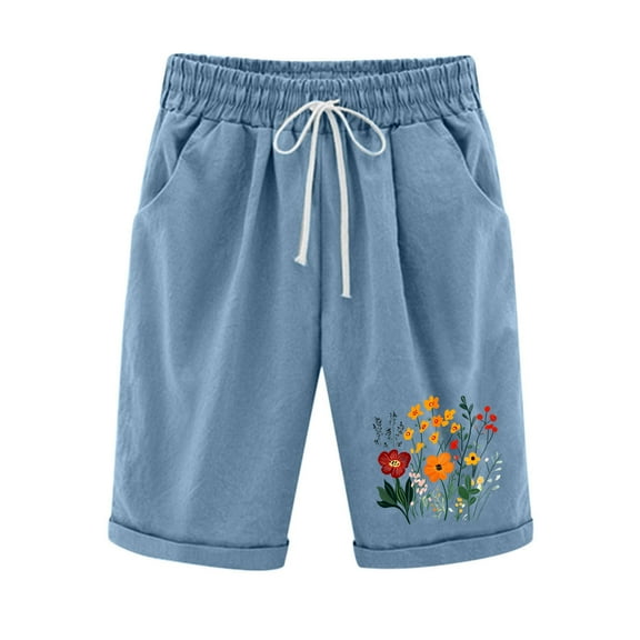 Ndbuld Women's Pants Pants for Women Women Printed Elastic Waist Drawstring with Casual Pockets Shorts Evergreen Light Blue XL