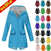 NDBULD Women's Rain Jacket Plus Size Long Raincoat Women Solid Color Rain Jacket Outdoor Hooded Windproof Loose With Pocket Coat Early Access Deals,S-5XL,Blue,L