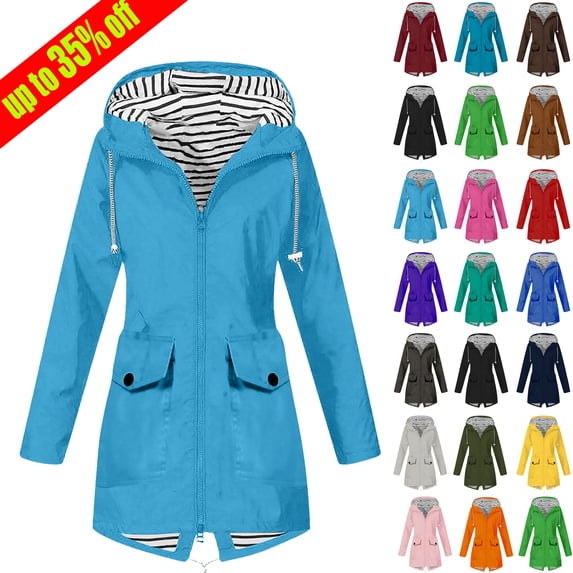 Ndbuld Women's Rain Jacket Plus Size Long Raincoat Women Solid Color Rain Jacket Outdoor Hooded Windproof Loose With Pocket Coat S-5XL,Blue,2XL
