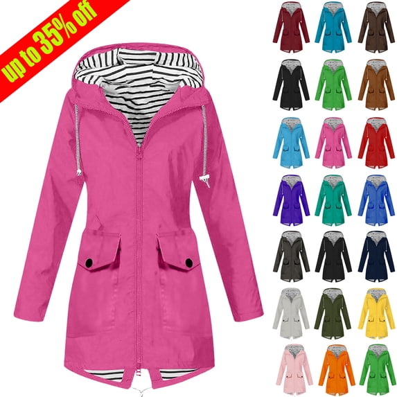Ndbuld Women's Rain Jacket Plus Size Long Raincoat Women Solid Color Rain Jacket Outdoor Hooded Windproof Loose With Pocket Coat S-5XL,Pink,3XL
