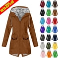 thumbnail image 1 of Ndbuld Women's Rain Jacket Plus Size Long Raincoat Women Solid Color Rain Jacket Outdoor Hooded Windproof Loose With Pocket Coat S-5XL,Coffee,XL, 1 of 5