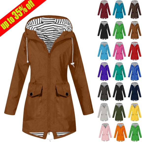 Ndbuld Women's Rain Jacket Plus Size Long Raincoat Women Solid Color Rain Jacket Outdoor Hooded Windproof Loose With Pocket Coat S-5XL,Coffee,4XL