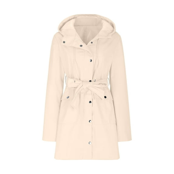 Ndbuld Women's Rain Jacket Plus Size Long Raincoat Women's Long-sleeved Hooded Zipper Tie Solid Color Coat Jacket Khaki,2XL