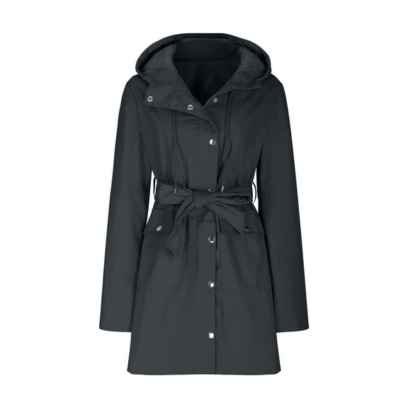 Ndbuld Women's Rain Jacket Plus Size Long Raincoat Women's Long-sleeved Hooded Zipper Tie Solid Color Coat Jacket Black,L