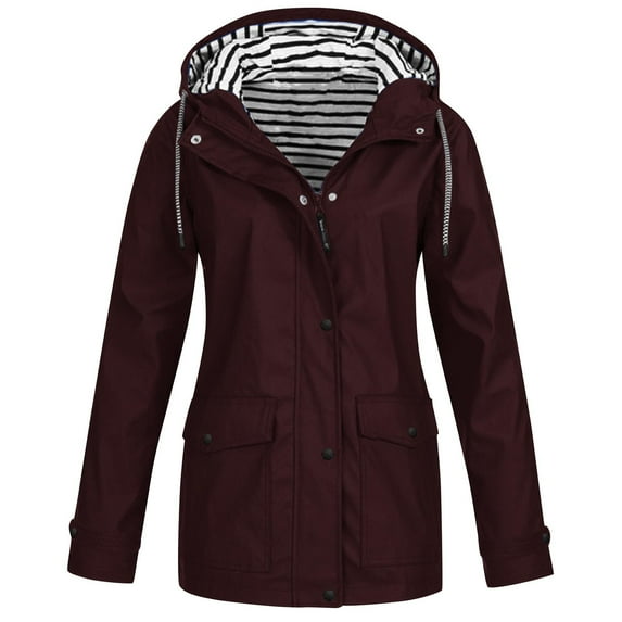Ndbuld Women's Rain Jacket Plus Size Long Raincoat Women’s Solid Rain Jacket Outdoor Jackets Hooded Raincoat Windproof Great Gifts for Less,Wine,XL