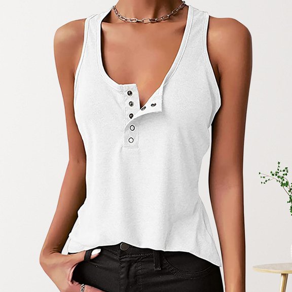 Ndbuld Women's Ribbed Sleeveless Tank Top Women's Casual Sleeveless T-shirt with Solid Button Top Great Gifts for Less White XL