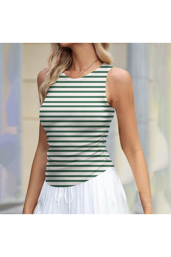 Women's Ribbed Sleeveless Tank Top Women's Tank Tops Summer Sleeveless Round-Neck Slim Fitted Blouse Side Ruched Basic Stripe Printed Tees Shirts Great Gifts for Less Green M