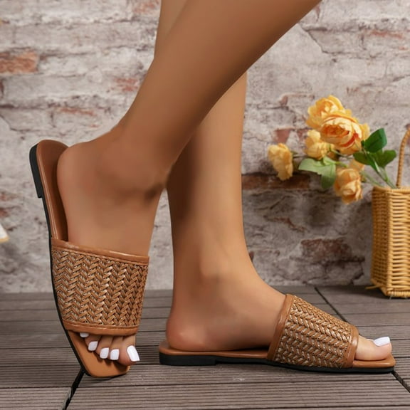 Ndbuld Women's Sandals,Flat Sandals for Women,Slip On Sandals Women,Beach Sandals for Woman,Summer Sandals,Girls Sandals,Walking Sandals Women Dressy,Slide Sandals Women,Square Toe Sandals Brown