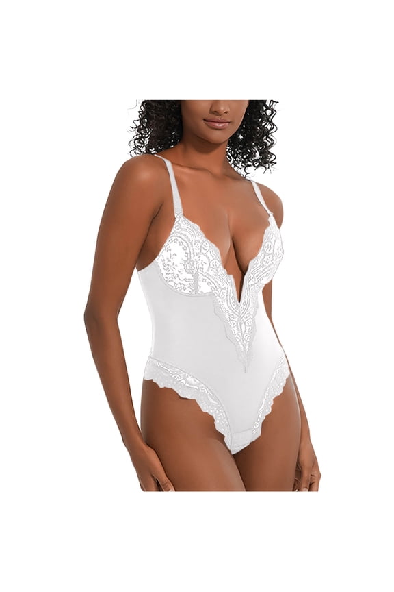 Women's Shapewear Bodysuit Fashion Women Solid Color V-neck Lace Camisole Waist Lift Buttocks Crotch Buckle Shapewear Bodysuit Clothes ,S-3XL,White,L