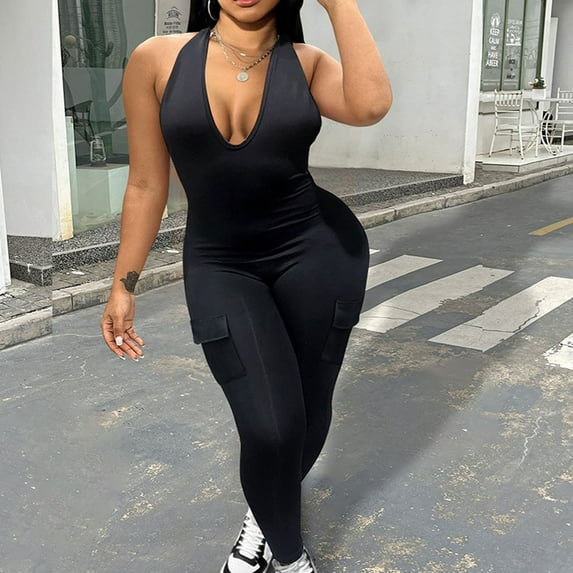 Ndbuld Women's Shapewear Bodysuit Women's Fashion Tight Solid Color Zipper Stripe Splicing Jumpsuit Shapewear Bodysuit Clothes ,S-3XL,Black,XL