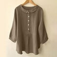 thumbnail image 1 of Ndbuld Women's Solid Color Doll Neck Button Cotton Linen 3/4 Sleeve Shirt Top Deal of The Week,Khaki,XL, 1 of 7
