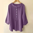 thumbnail image 1 of Ndbuld Women's Solid Color Doll Neck Button Cotton Linen 3/4 Sleeve Shirt Top Deal of The Week,Purple,S, 1 of 7