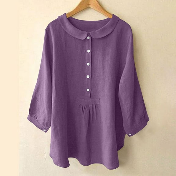 Ndbuld Women's Solid Color Doll Neck Button Cotton Linen 3/4 Sleeve Shirt Top ,Purple,XL