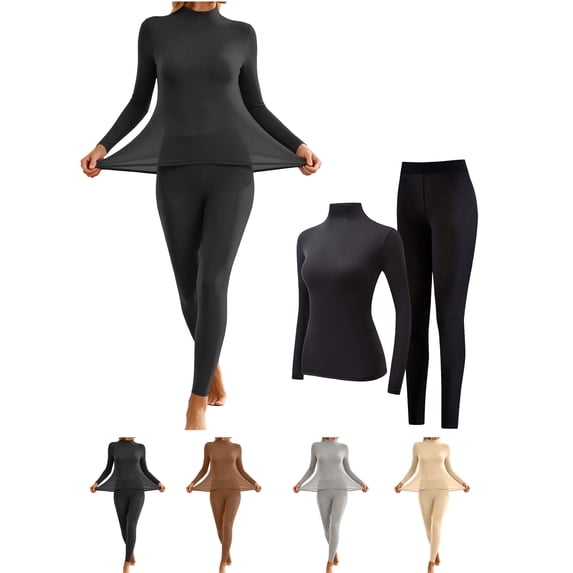 Ndbuld Women’s Solid Color Mock Neck Seamless Thermal Underwear 2‑Pc Winter Base Layer Set, Top and Leggings