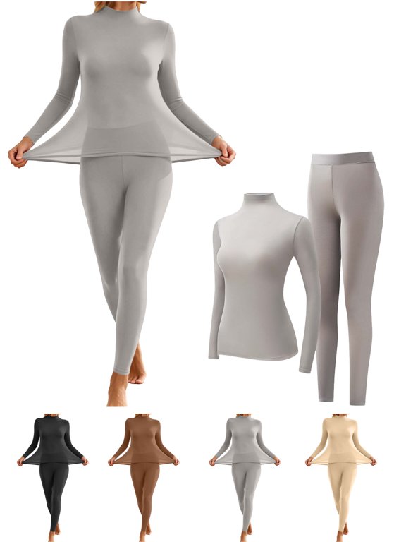 Women’s Solid Color Mock Neck Seamless Thermal Underwear 2‑Pc Winter Base Layer Set, Top and Leggings