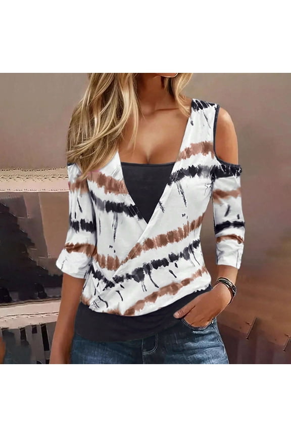 Women's Striped Printed Off Shoulder Casual V-neck Fake Two-piece Long Sleeved T-shirt Top ,Orange,L