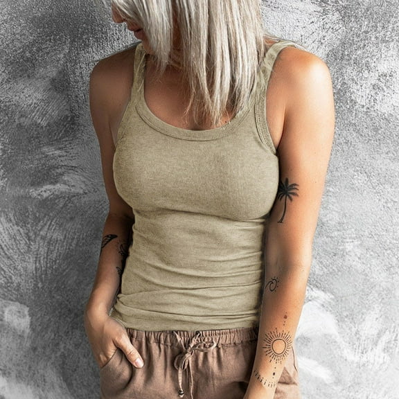 Ndbuld Women's Summer Tank Tops Women Sexy Casual Round-Neck Ribbed Sleeveless Solid Cami Tank Tops Khaki M