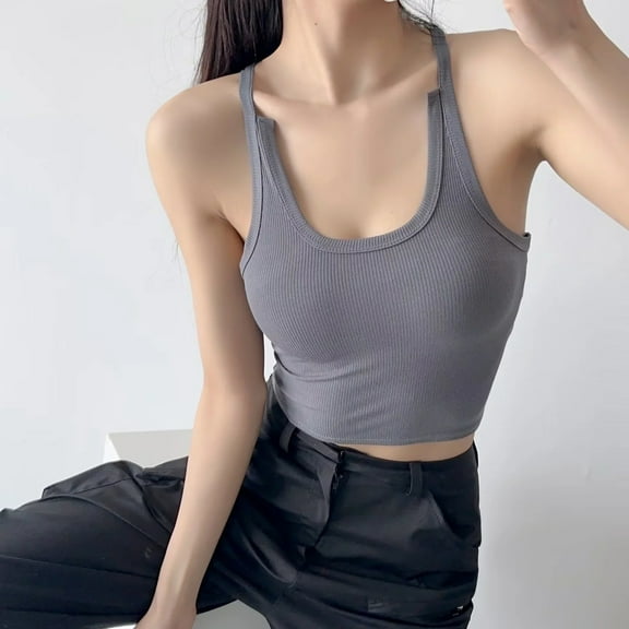 Ndbuld Women's Tank Tops Women's Solid Color Matching Slim Bottom Suspender with Round Neck Holiday Gift Finder Dark Gray S