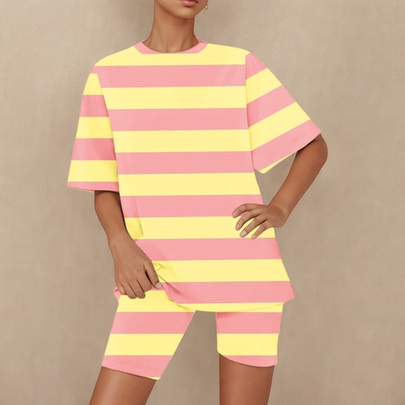 Ndbuld Women's Tops Women's two-piece spring and summer suit short-sleeved loose sportswear casual leisure suit matching suit Family Gifts Yellow 2XL