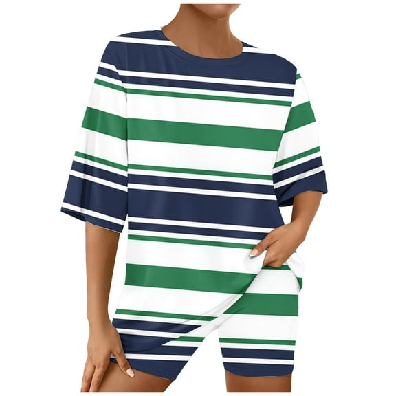 Ndbuld Women's Tops Womens Two Piece Lounge Sets Casual Summer Outfits 2 Piece Short Matching Clothing Set Family Gifts Blue 2XL